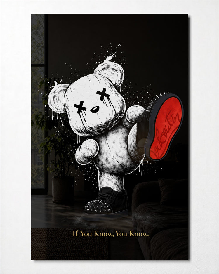 Teddy Holding a Red Sole glass wall art, front view