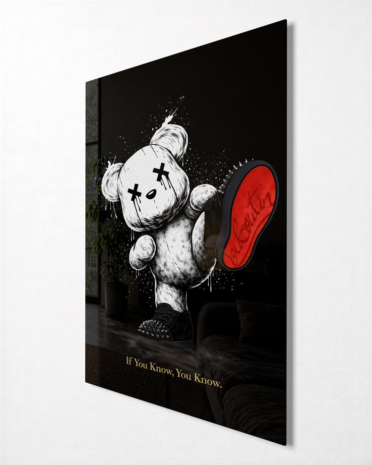 Teddy Holding a Red Sole glass wall art, side view