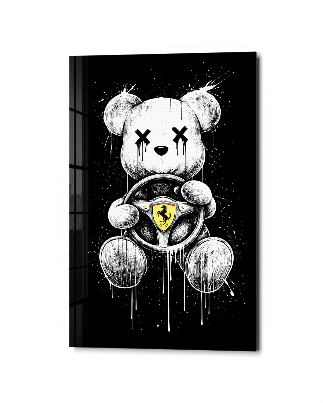 Teddy at the Wheel glass wall art, studio view