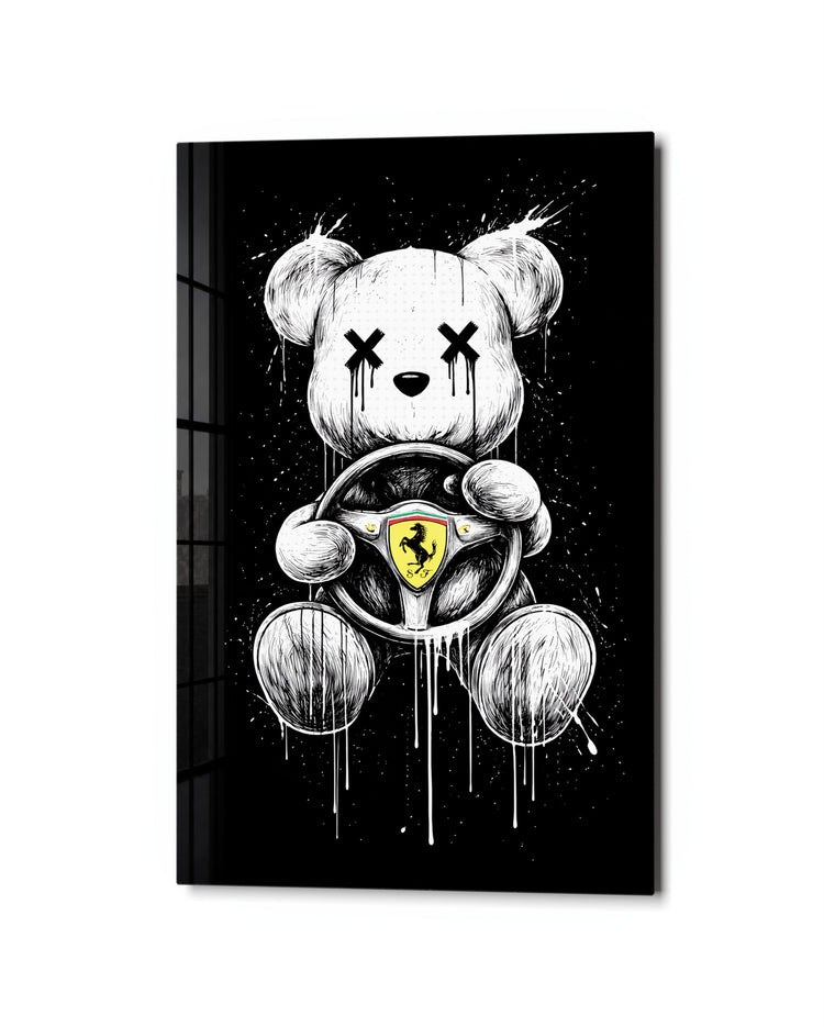 Teddy at the Wheel glass wall art, studio view