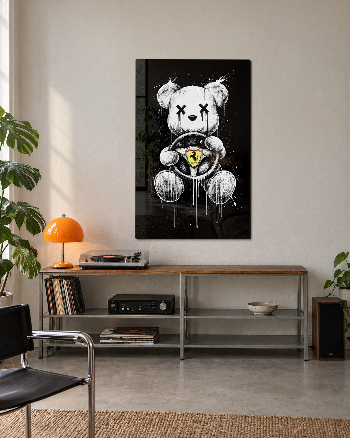 Teddy at the Wheel glass wall art, lifestyle view