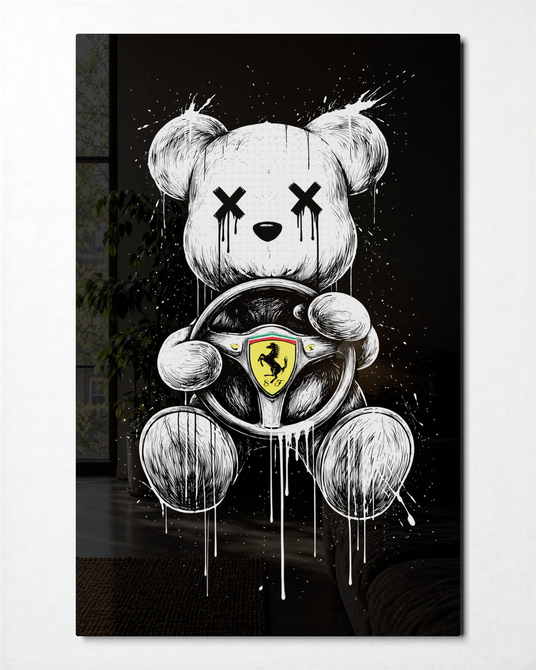 Teddy at the Wheel glass wall art, front view