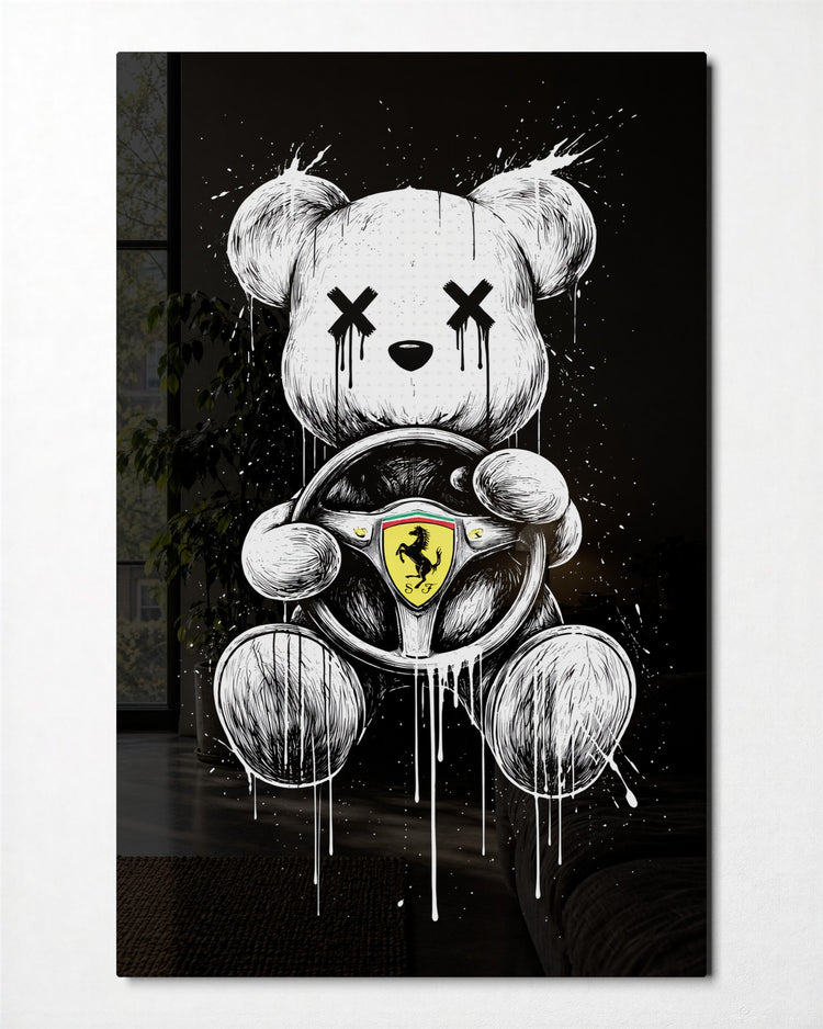 Teddy at the Wheel glass wall art, front view