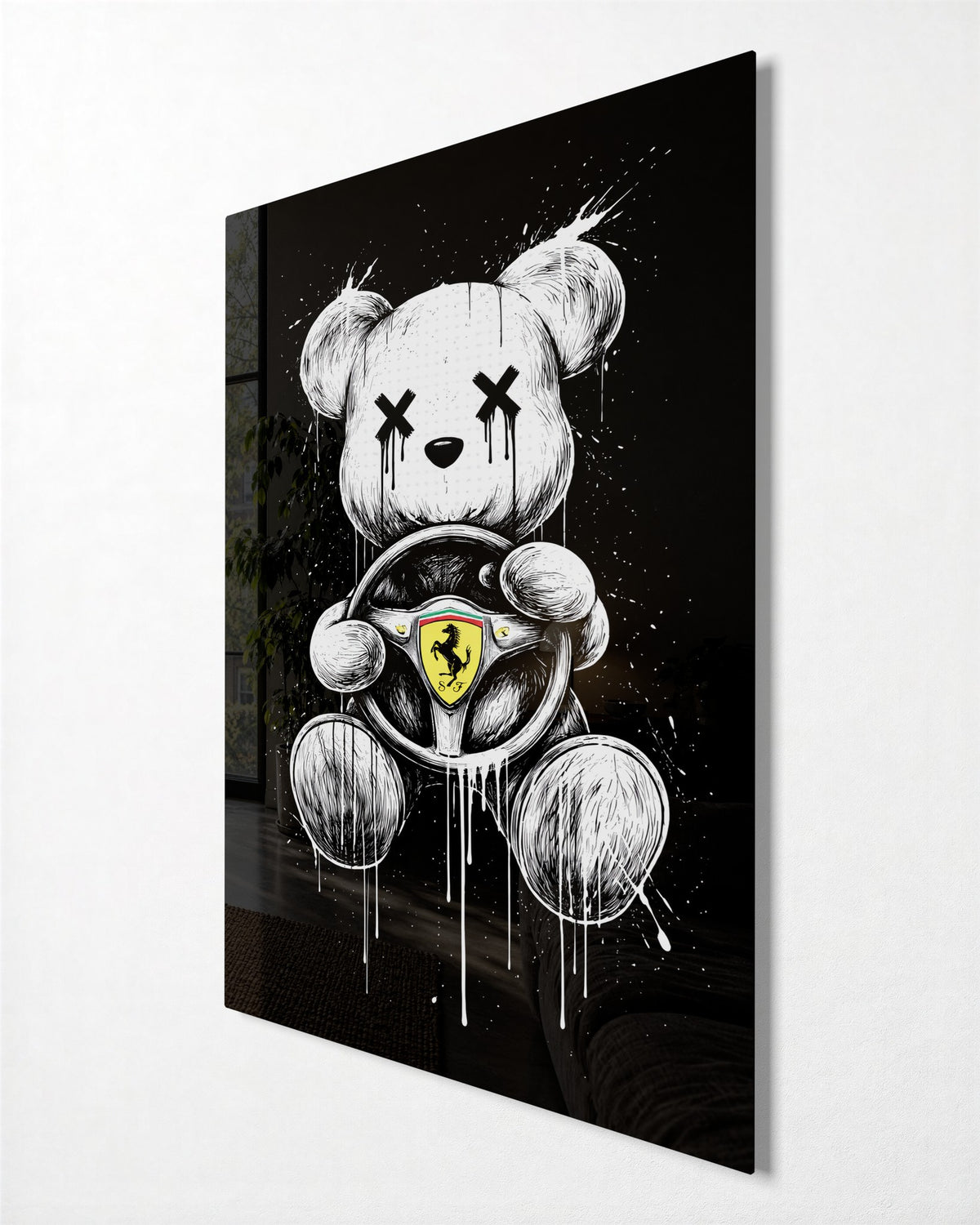Teddy at the Wheel glass wall art, side view