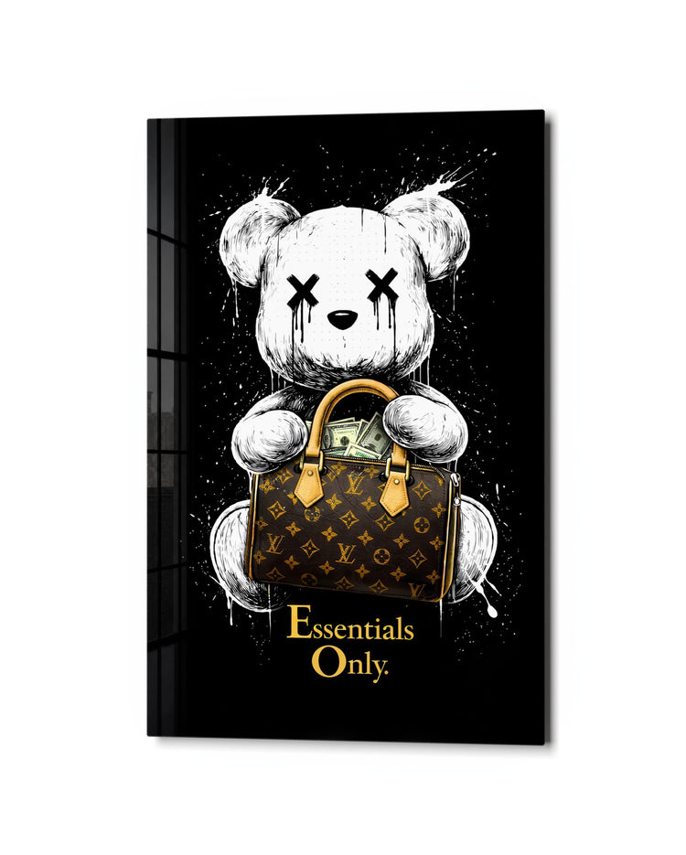 Teddy With a Monogram Bag glass wall art, studio view