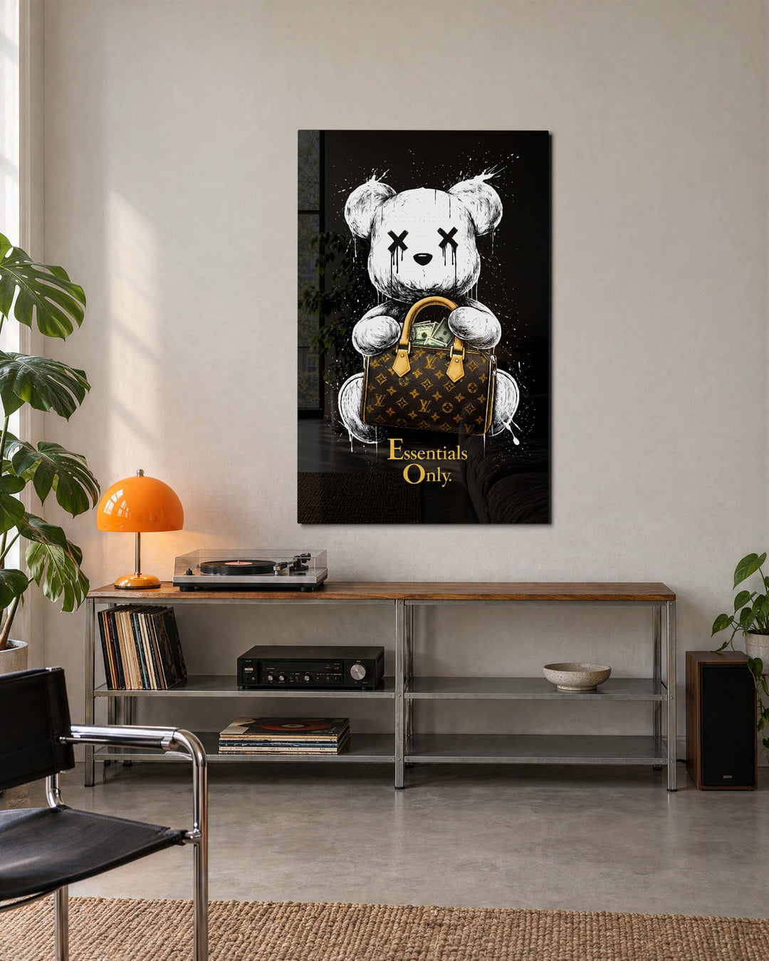 Teddy With a Monogram Bag glass wall art, lifestyle view