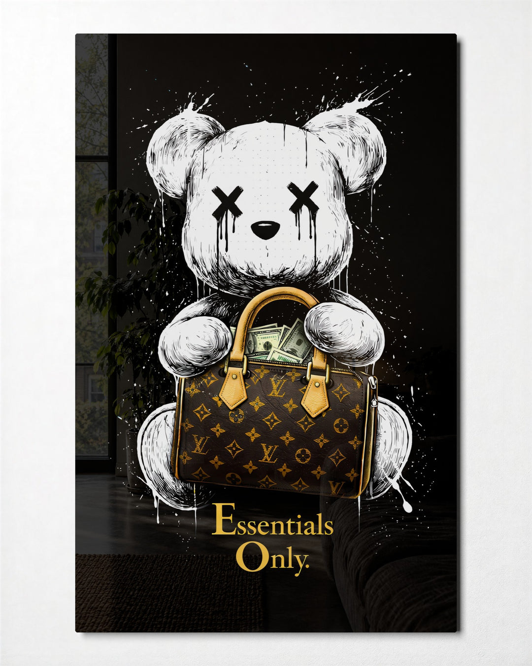 Teddy With a Monogram Bag glass wall art, front view