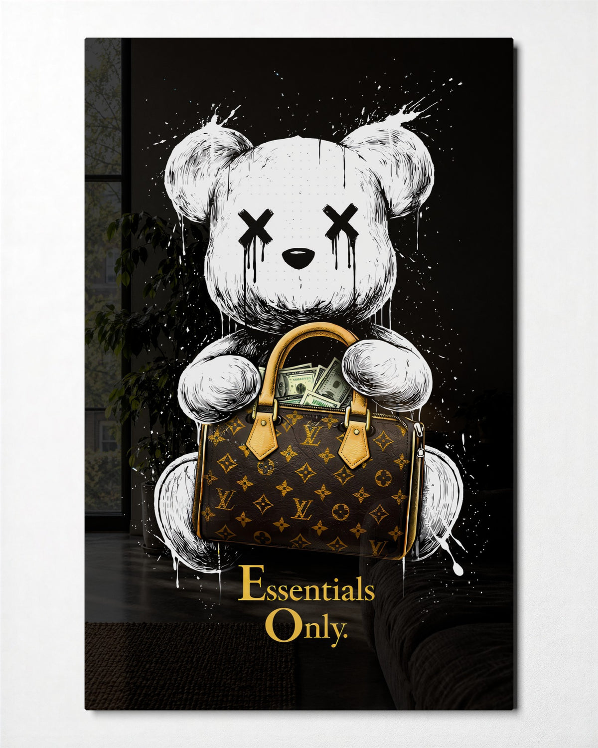 Teddy With a Monogram Bag glass wall art, front view