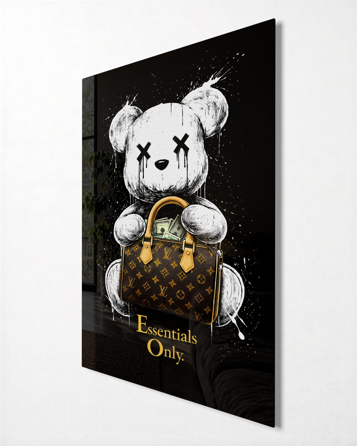 Teddy With a Monogram Bag glass wall art, side view