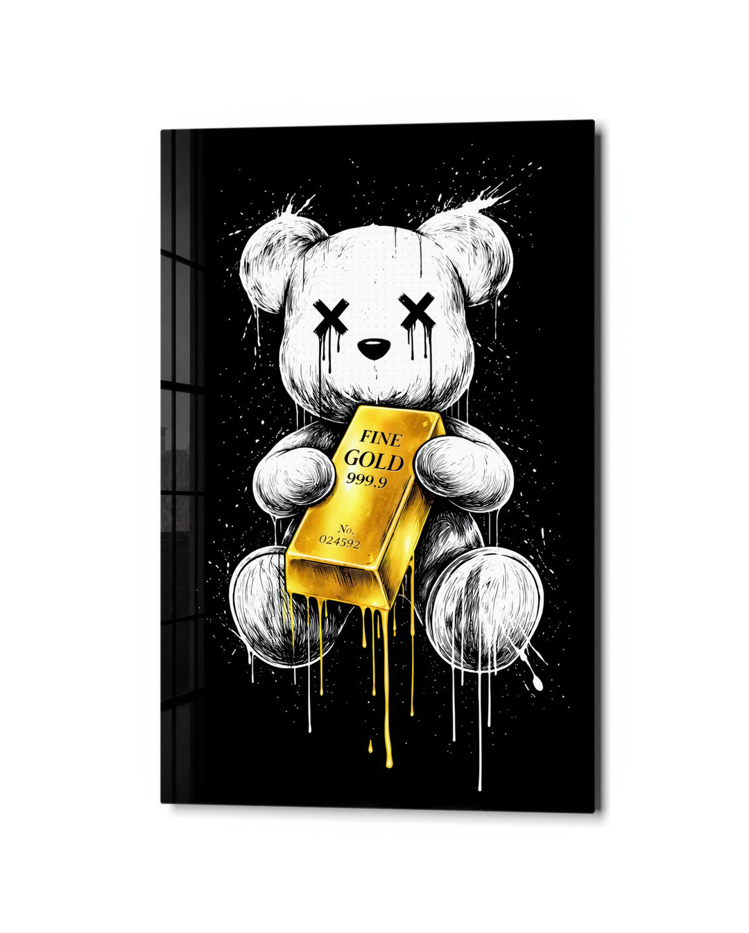 Teddy With a Gold Bar glass wall art, studio view