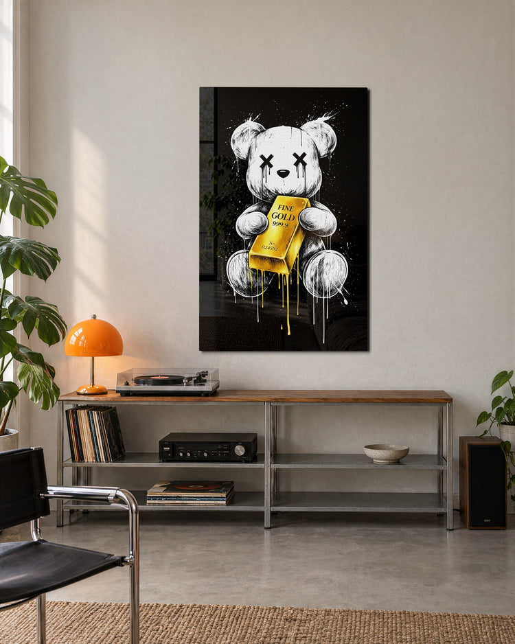 Teddy With a Gold Bar glass wall art, lifestyle view