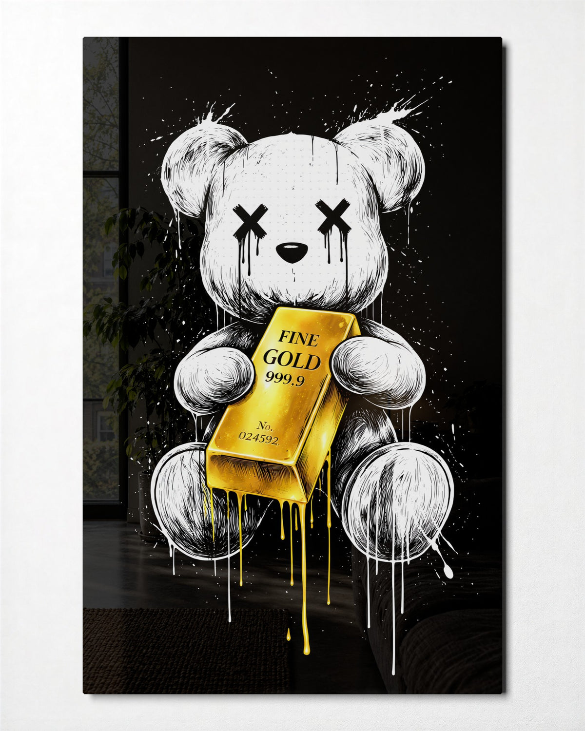 Teddy With a Gold Bar glass wall art, front view