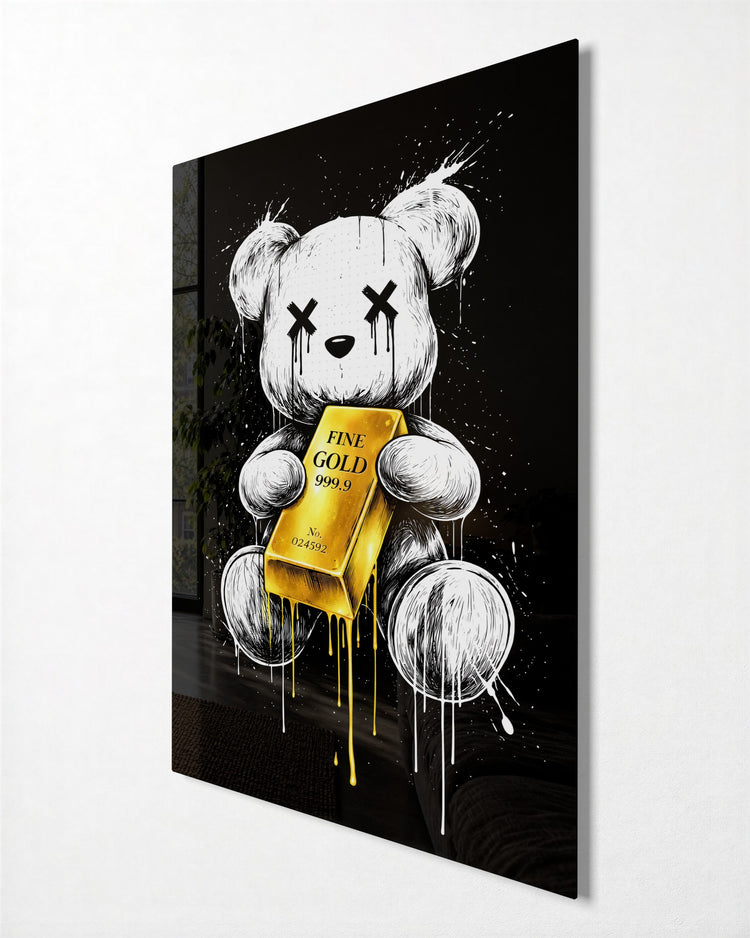 Teddy With a Gold Bar glass wall art, side view