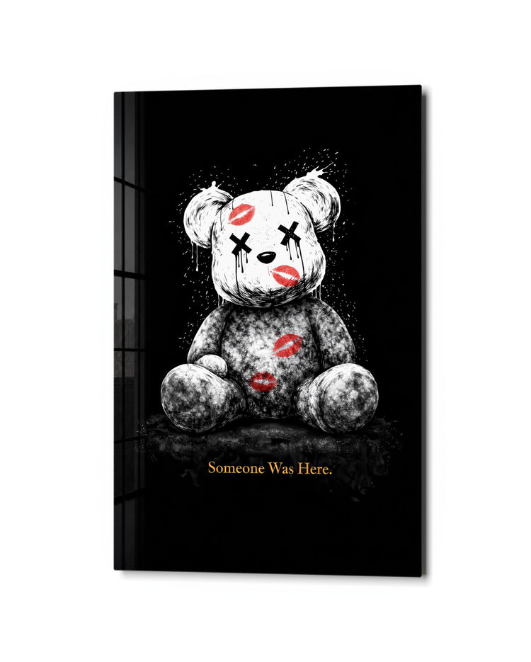 Teddy Covered in Kisses glass wall art, studio view