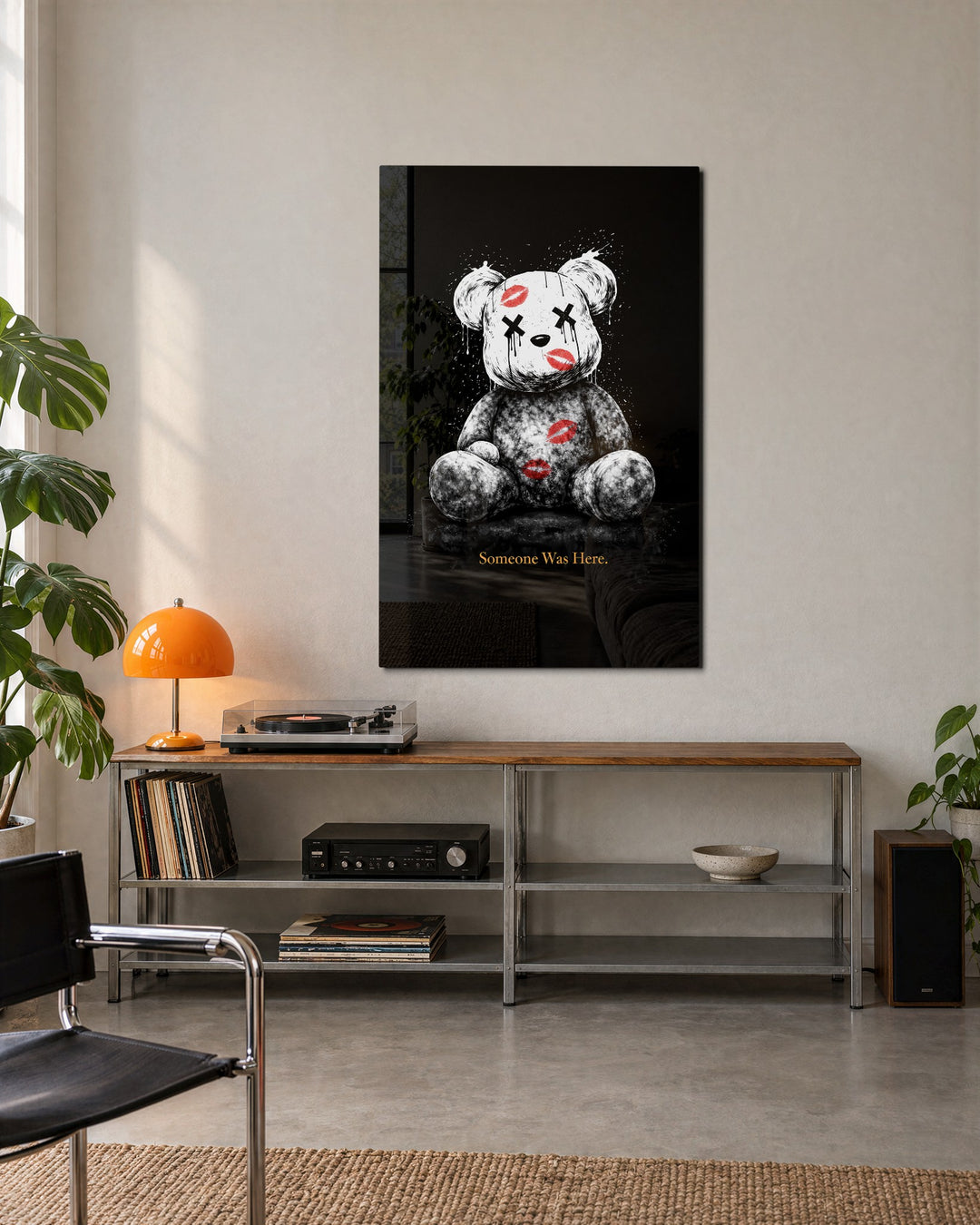 Teddy Covered in Kisses glass wall art, lifestyle view