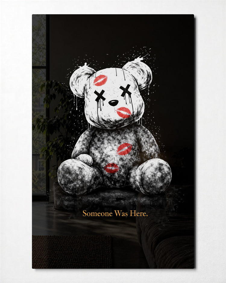 Teddy Covered in Kisses glass wall art, front view