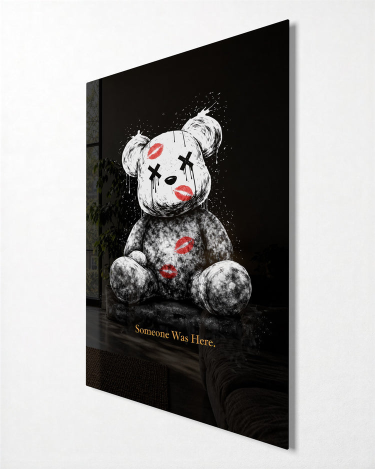 Teddy Covered in Kisses glass wall art, side view