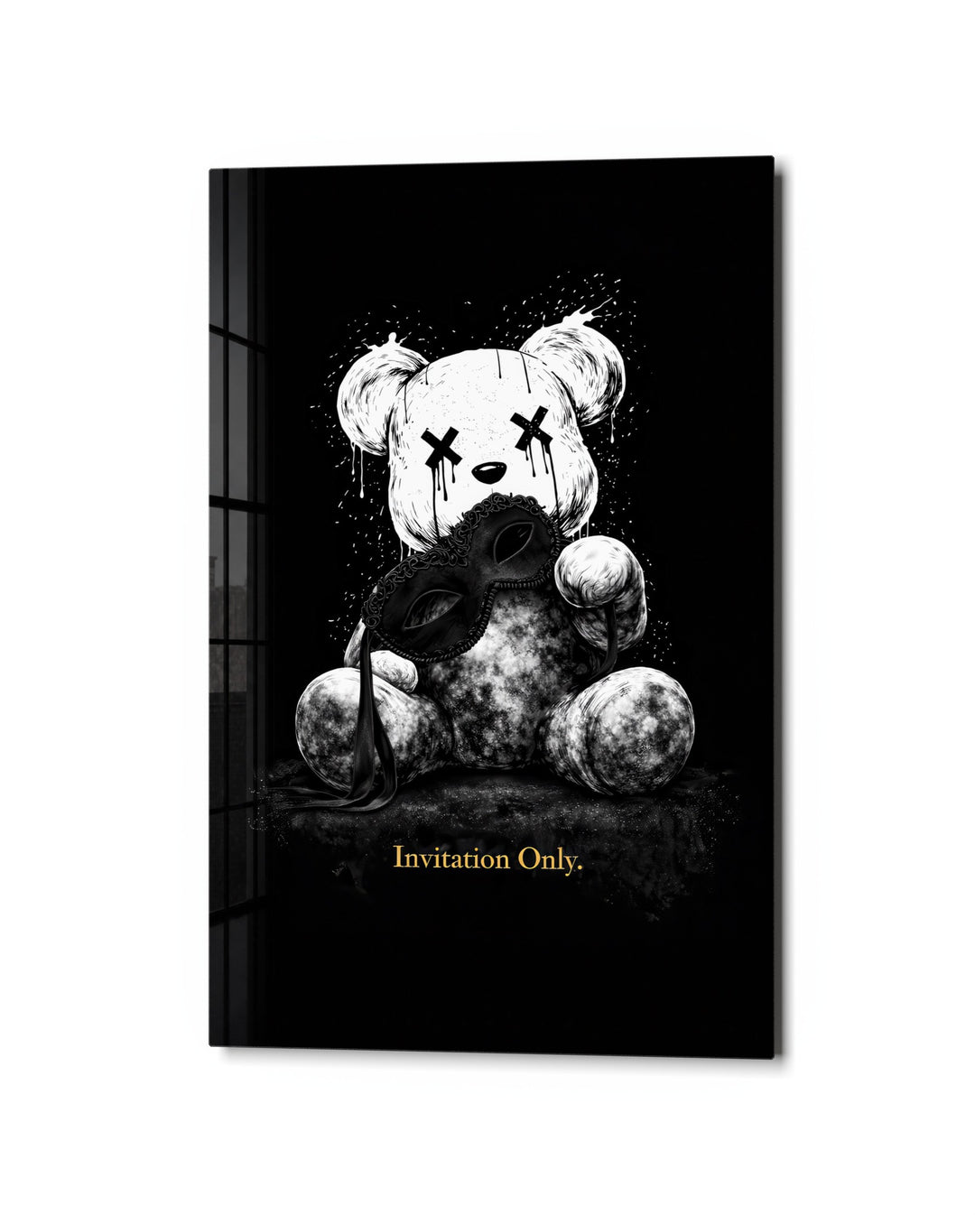 Teddy Behind the Mask glass wall art, studio view