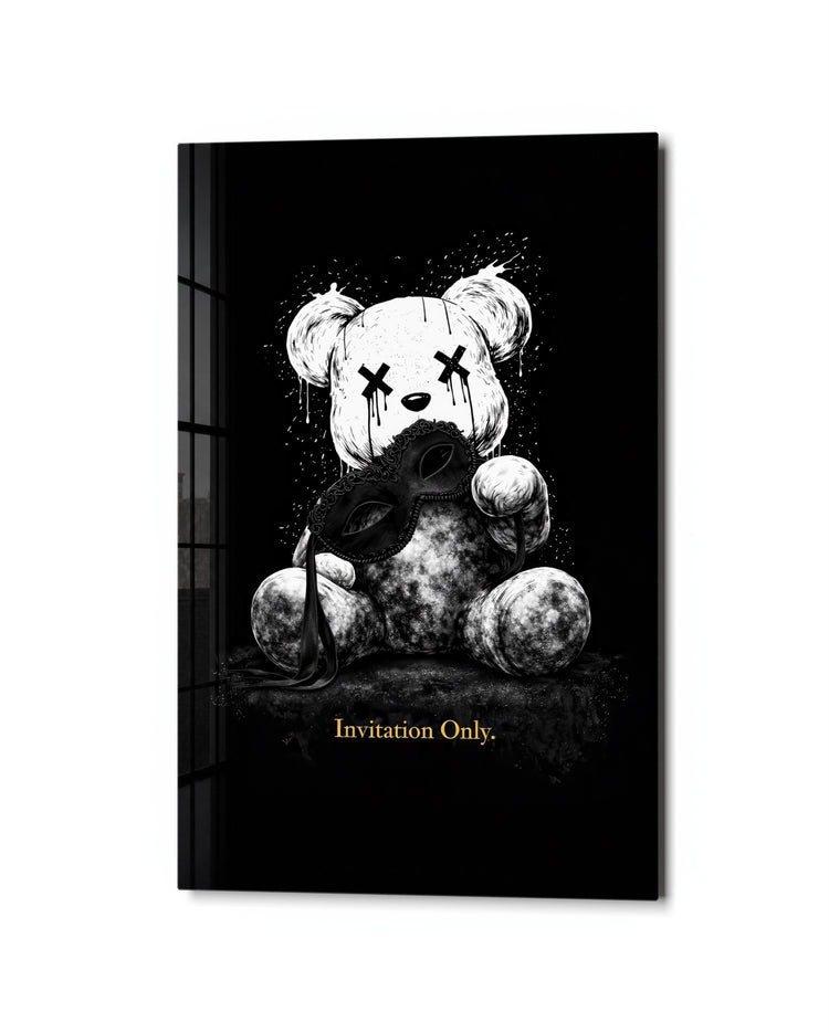 Teddy Behind the Mask glass wall art, studio view