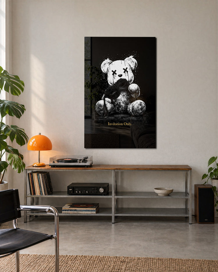 Teddy Behind the Mask glass wall art, lifestyle view