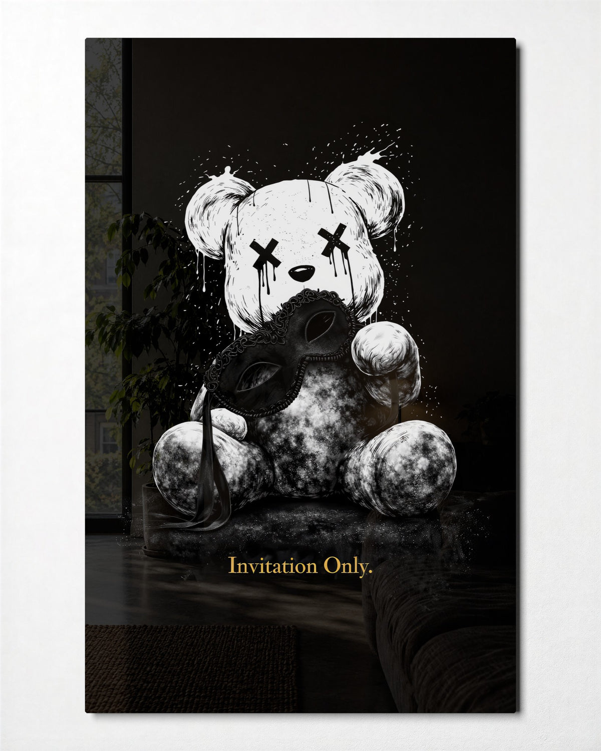Teddy Behind the Mask glass wall art, front view