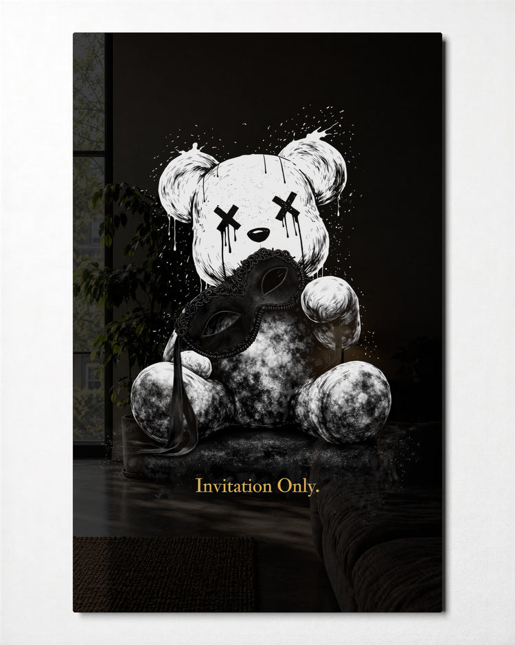 Teddy Behind the Mask glass wall art, front view