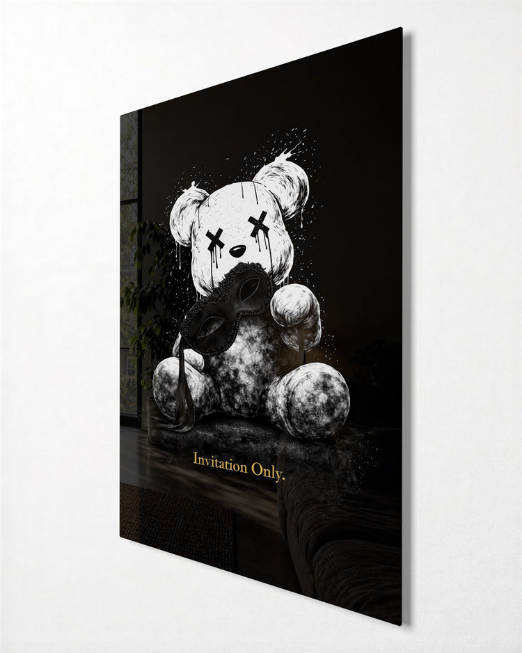 Teddy Behind the Mask glass wall art, side view