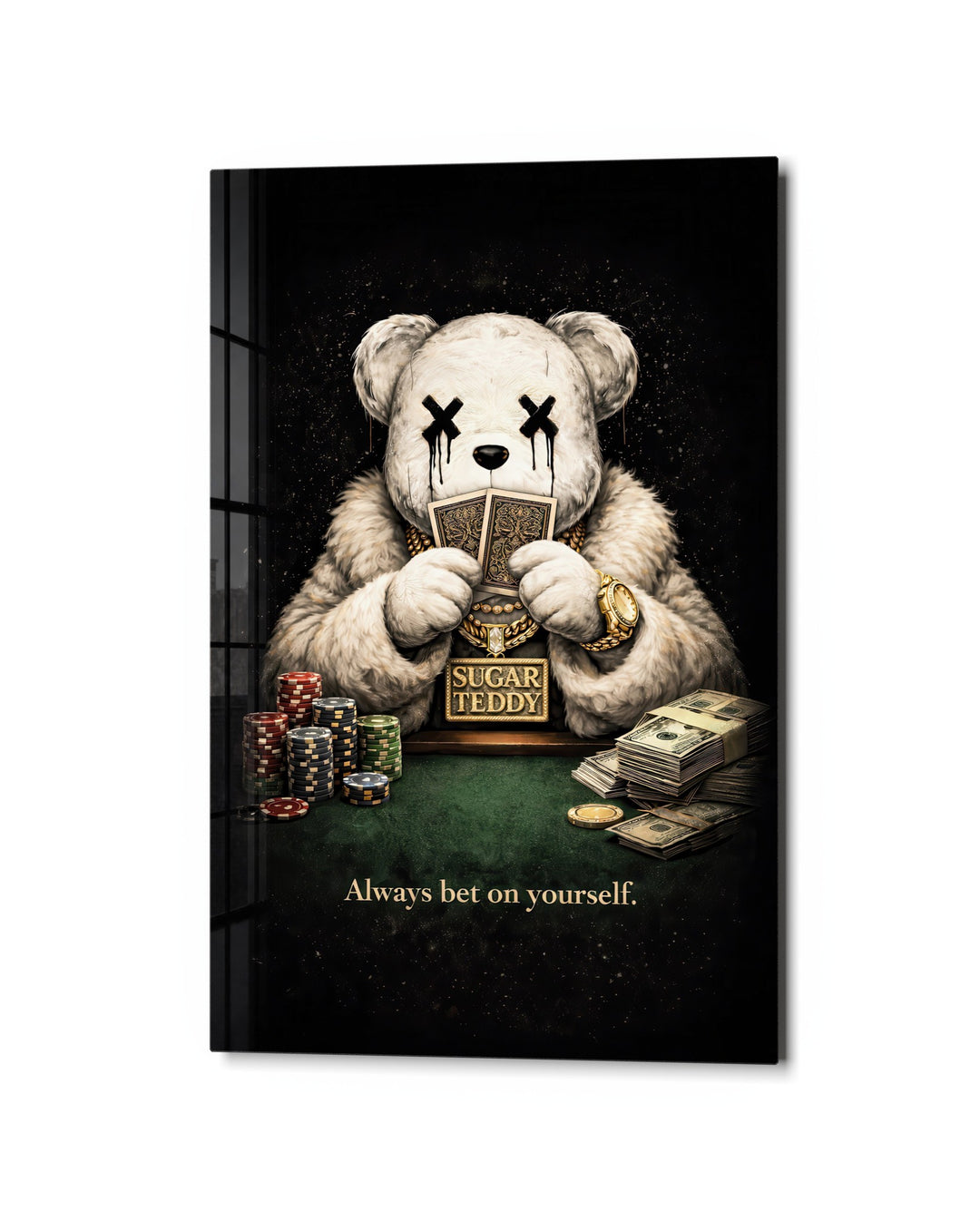 Teddy at the Card Table glass wall art, studio view