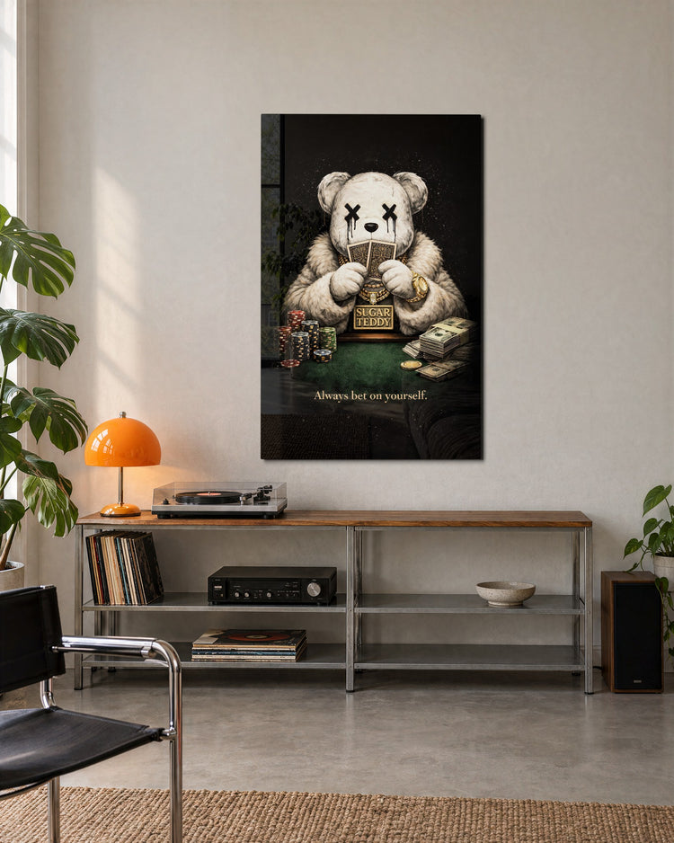 Teddy at the Card Table glass wall art, lifestyle view