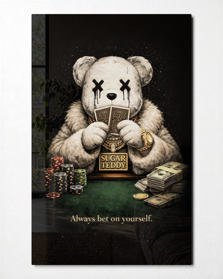 Teddy at the Card Table glass wall art, front view
