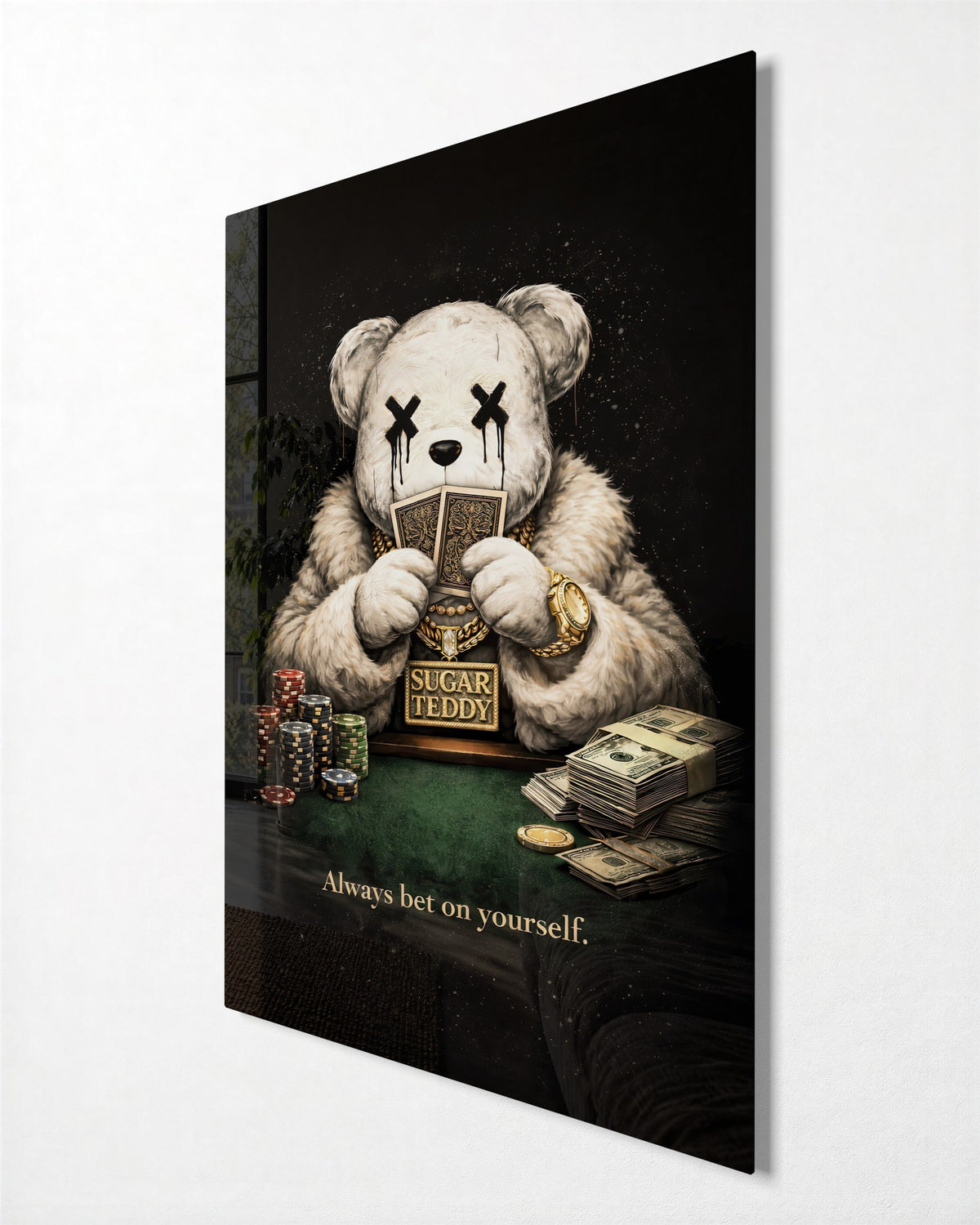 Teddy at the Card Table glass wall art, side view