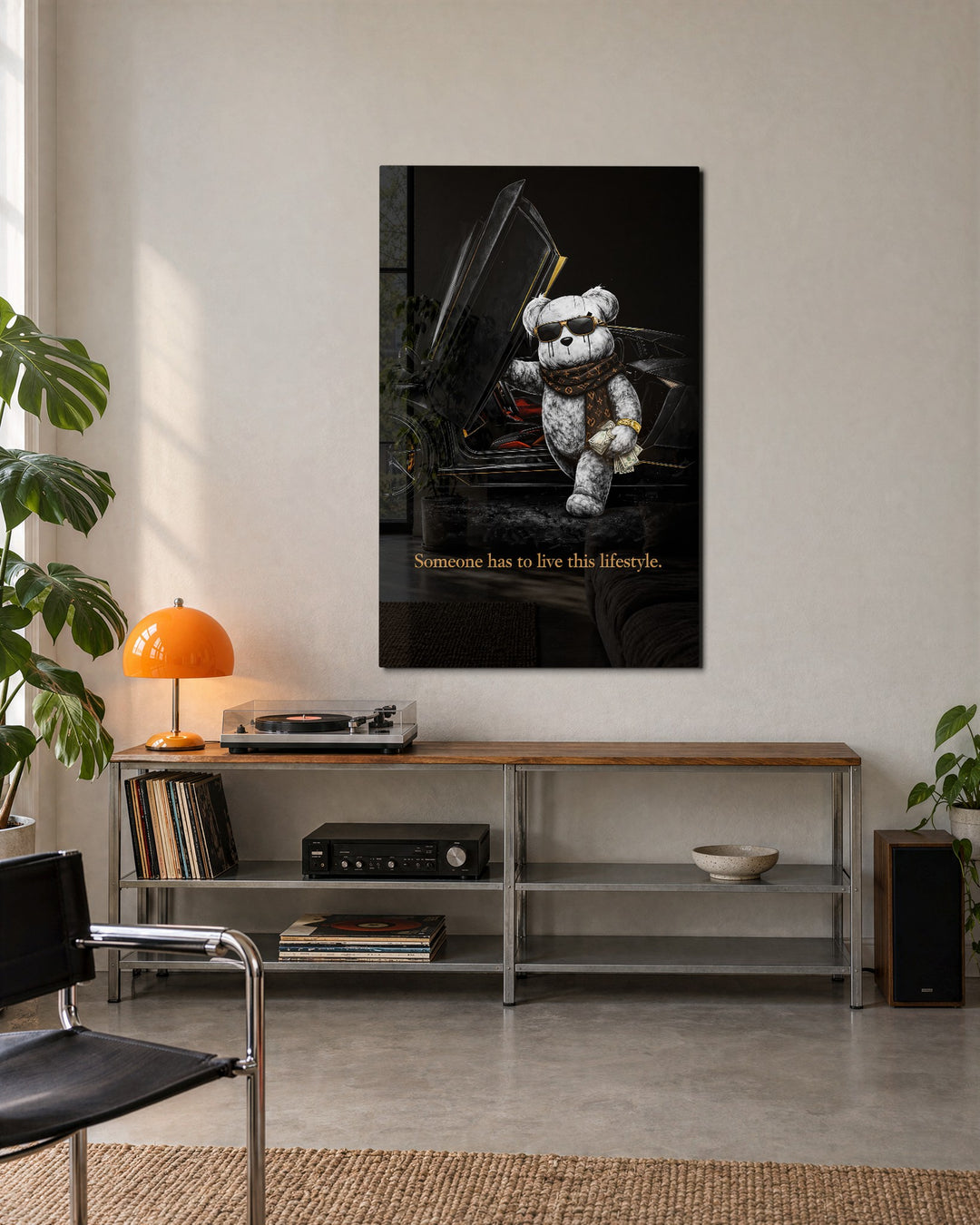 Teddy and the Supercar glass wall art, lifestyle view