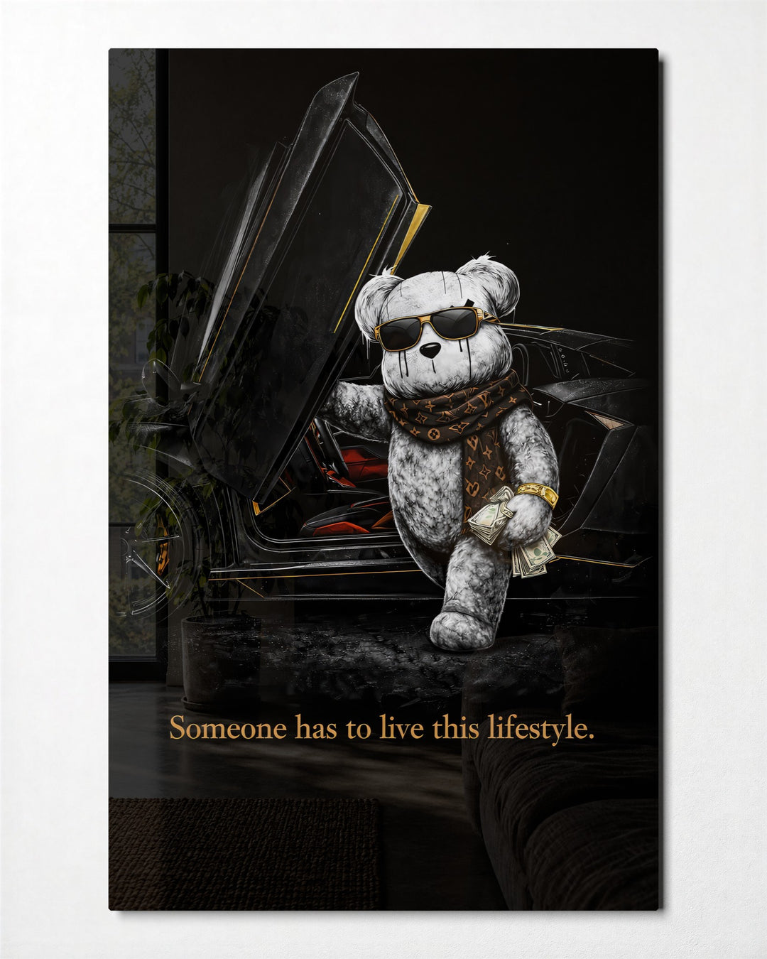 Teddy and the Supercar glass wall art, front view