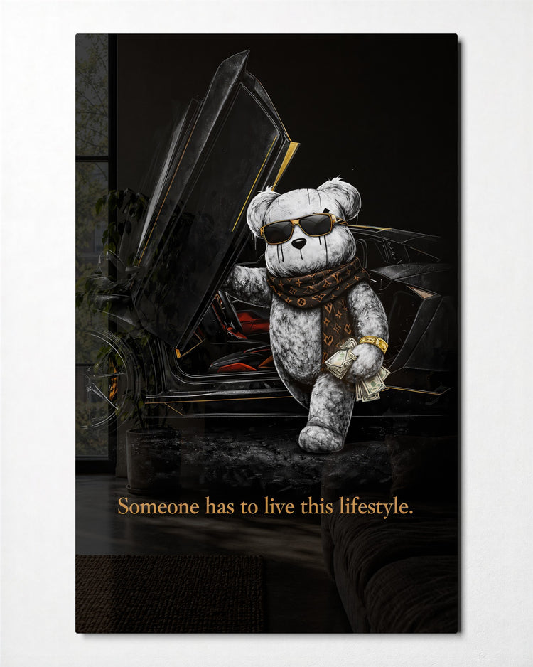 Teddy and the Supercar glass wall art, front view