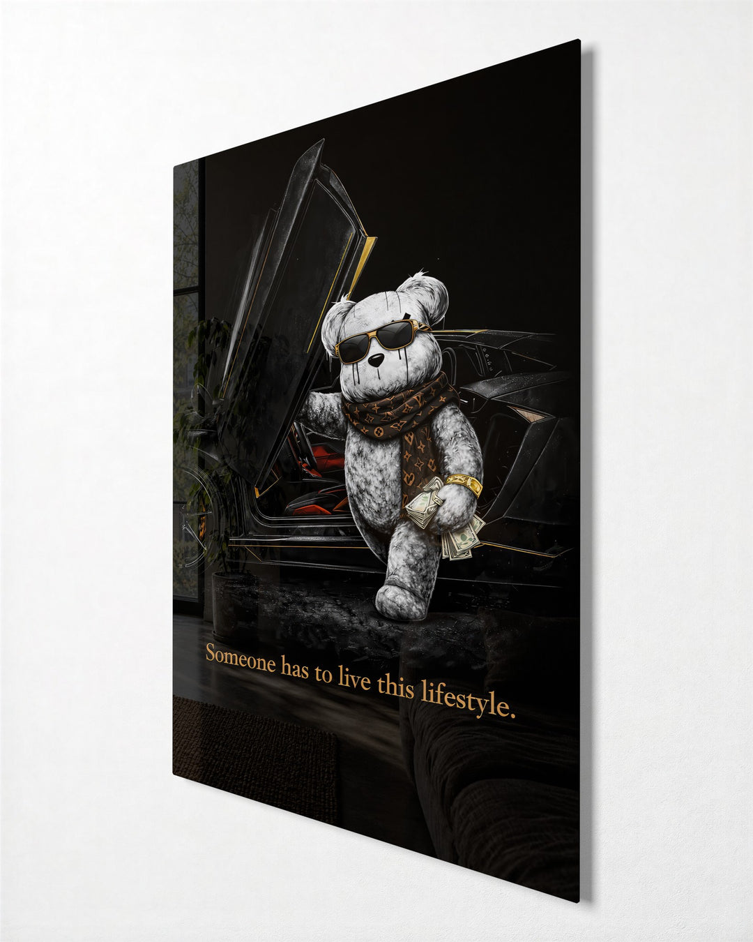 Teddy and the Supercar glass wall art, side view