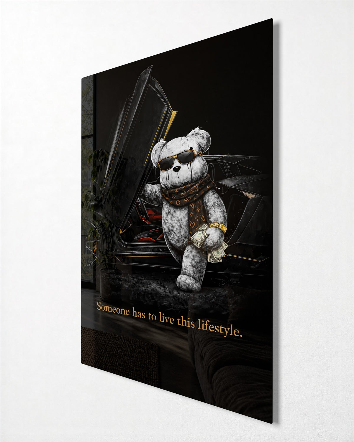 Teddy and the Supercar glass wall art, side view
