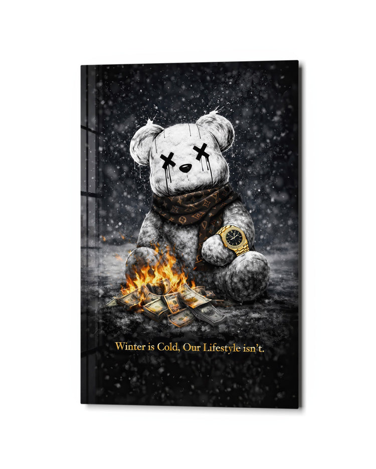 Teddy by the Money Fire glass wall art, studio view