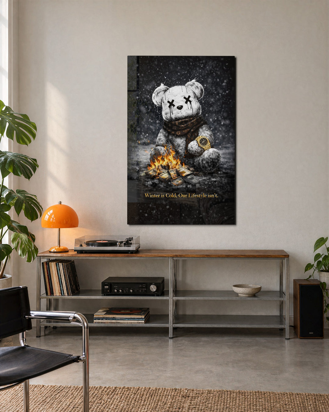 Teddy by the Money Fire glass wall art, lifestyle view