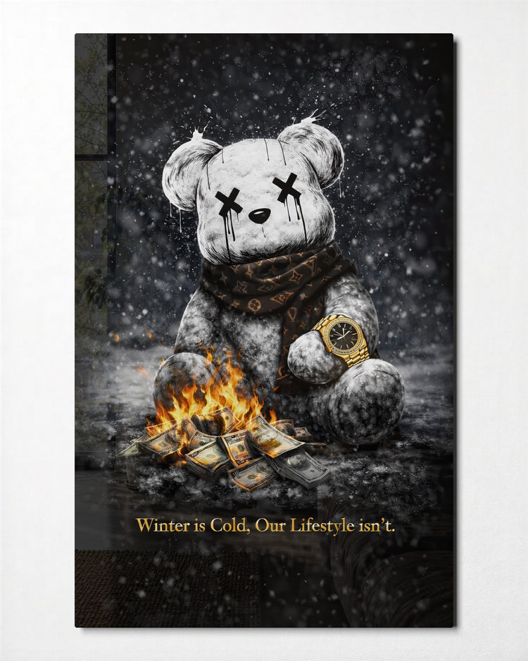 Teddy by the Money Fire glass wall art, front view