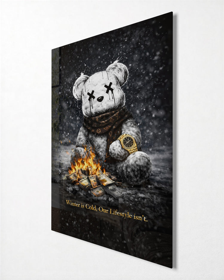 Teddy by the Money Fire glass wall art, side view