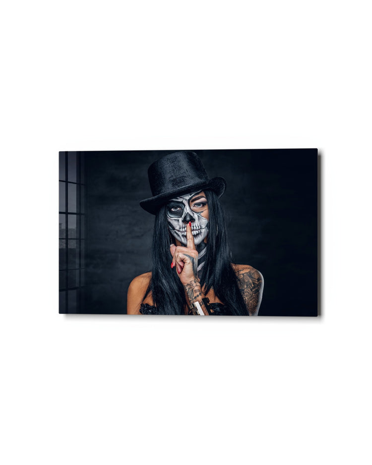 Skull Face, Finger to Lips glass wall art, studio view