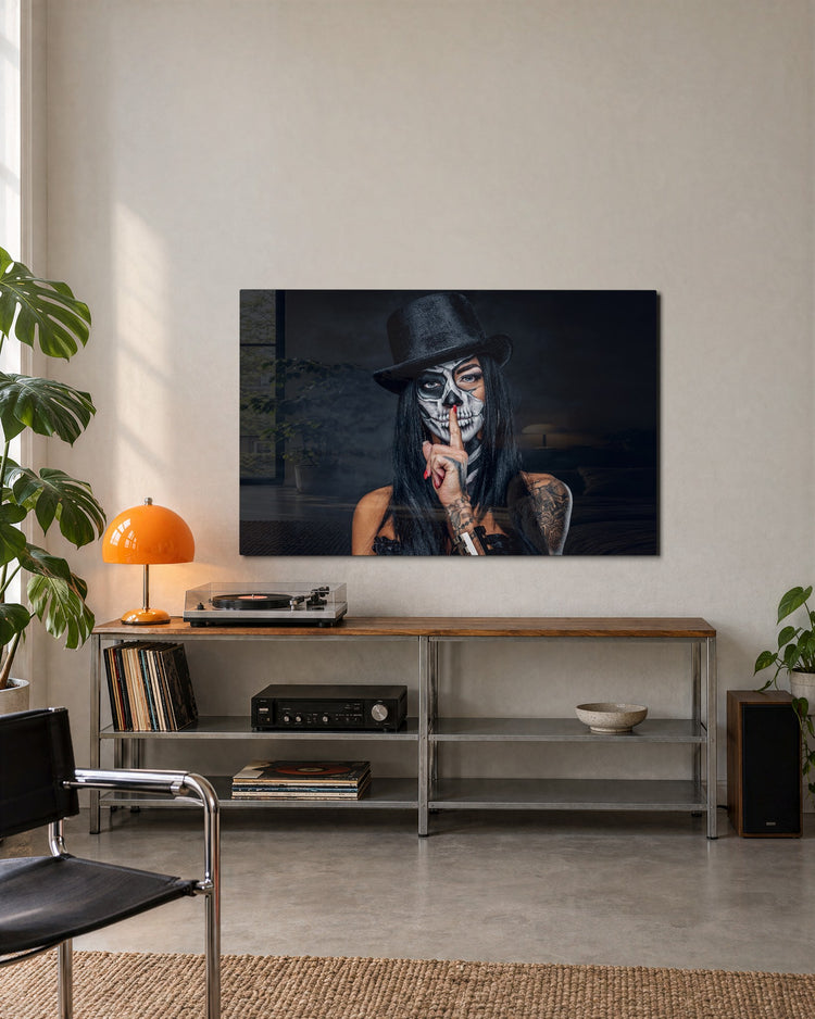 Skull Face, Finger to Lips glass wall art, lifestyle view