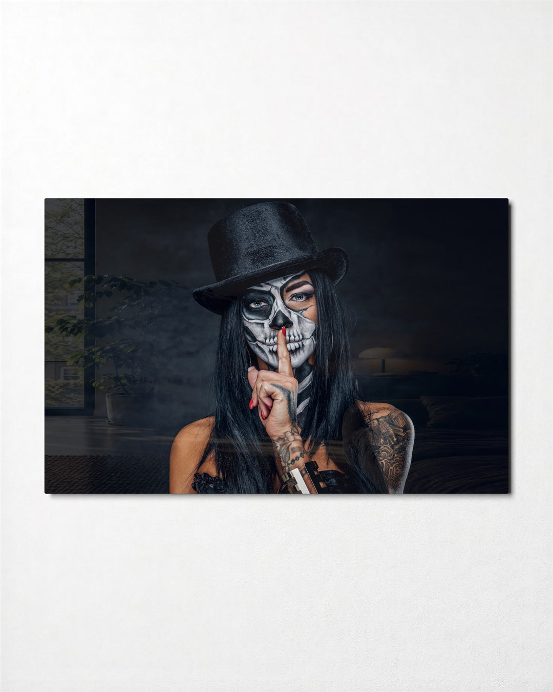 Skull Face, Finger to Lips glass wall art, front view