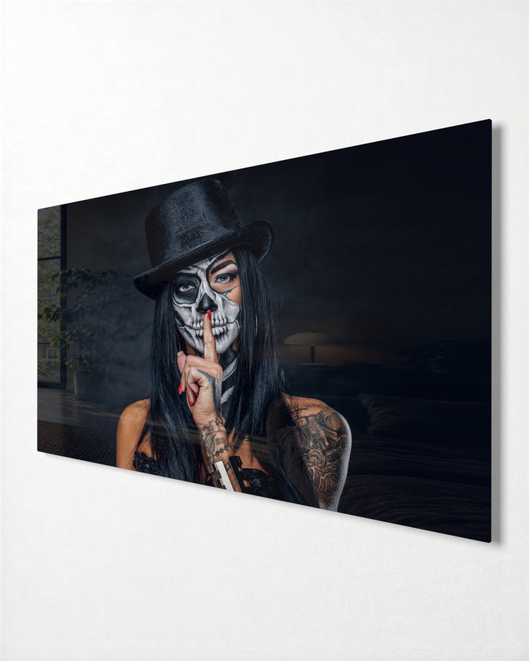 Skull Face, Finger to Lips glass wall art, side view