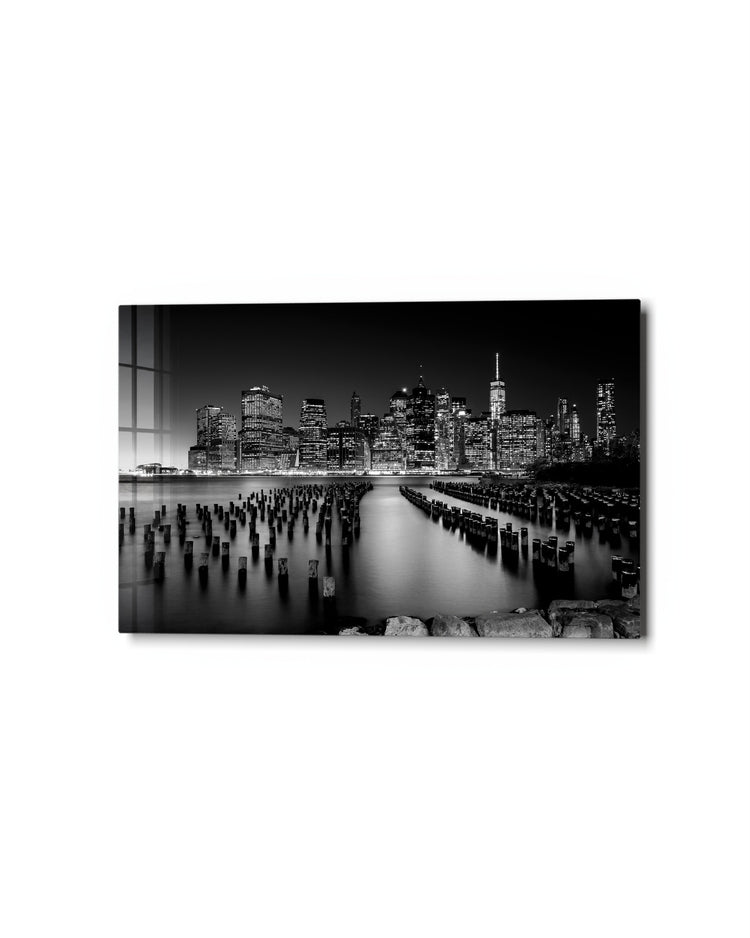 Skyline Over Old Pilings glass wall art, studio view