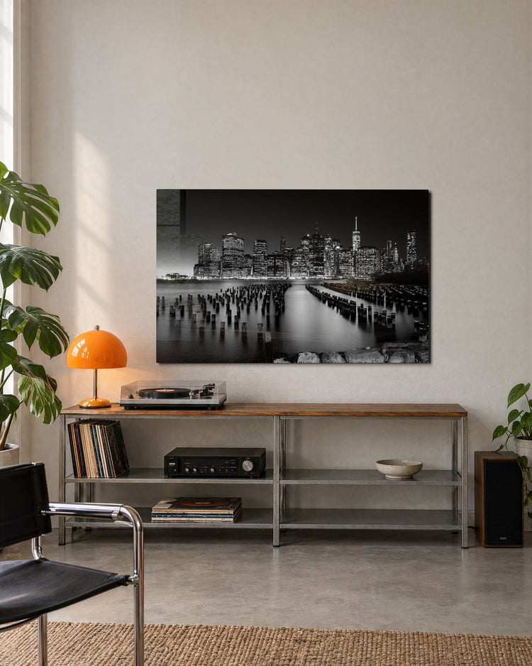 Skyline Over Old Pilings glass wall art, lifestyle view
