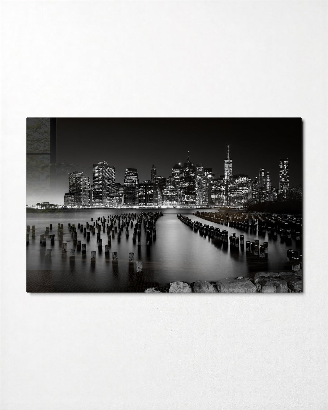 Skyline Over Old Pilings glass wall art, front view