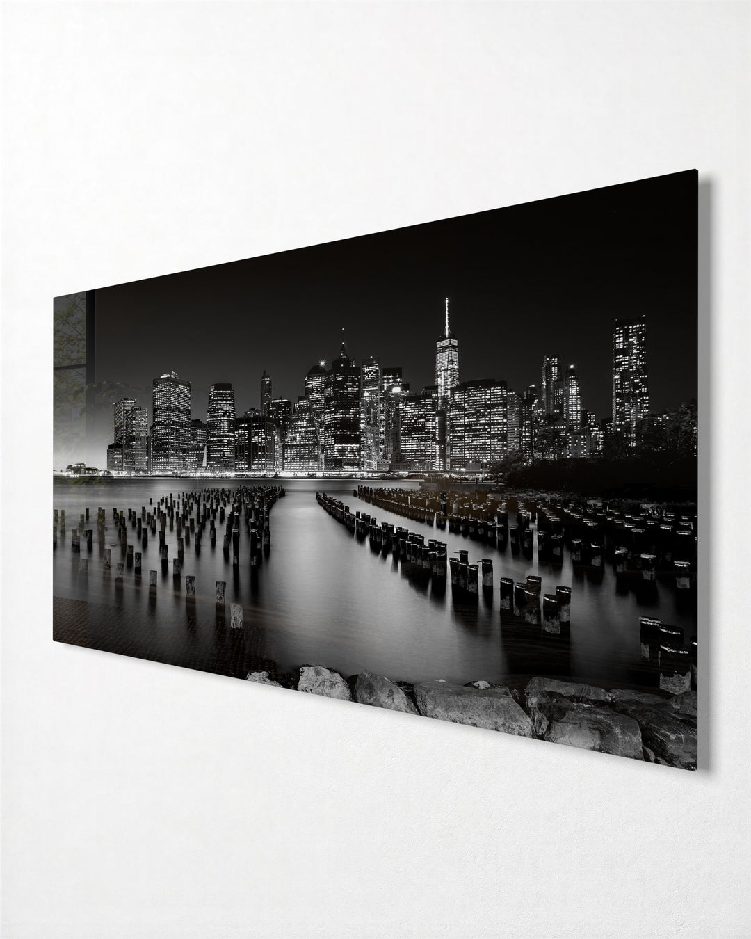 Skyline Over Old Pilings glass wall art, side view
