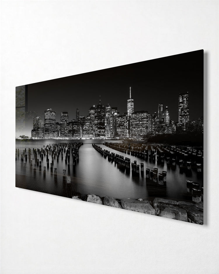 Skyline Over Old Pilings glass wall art, side view