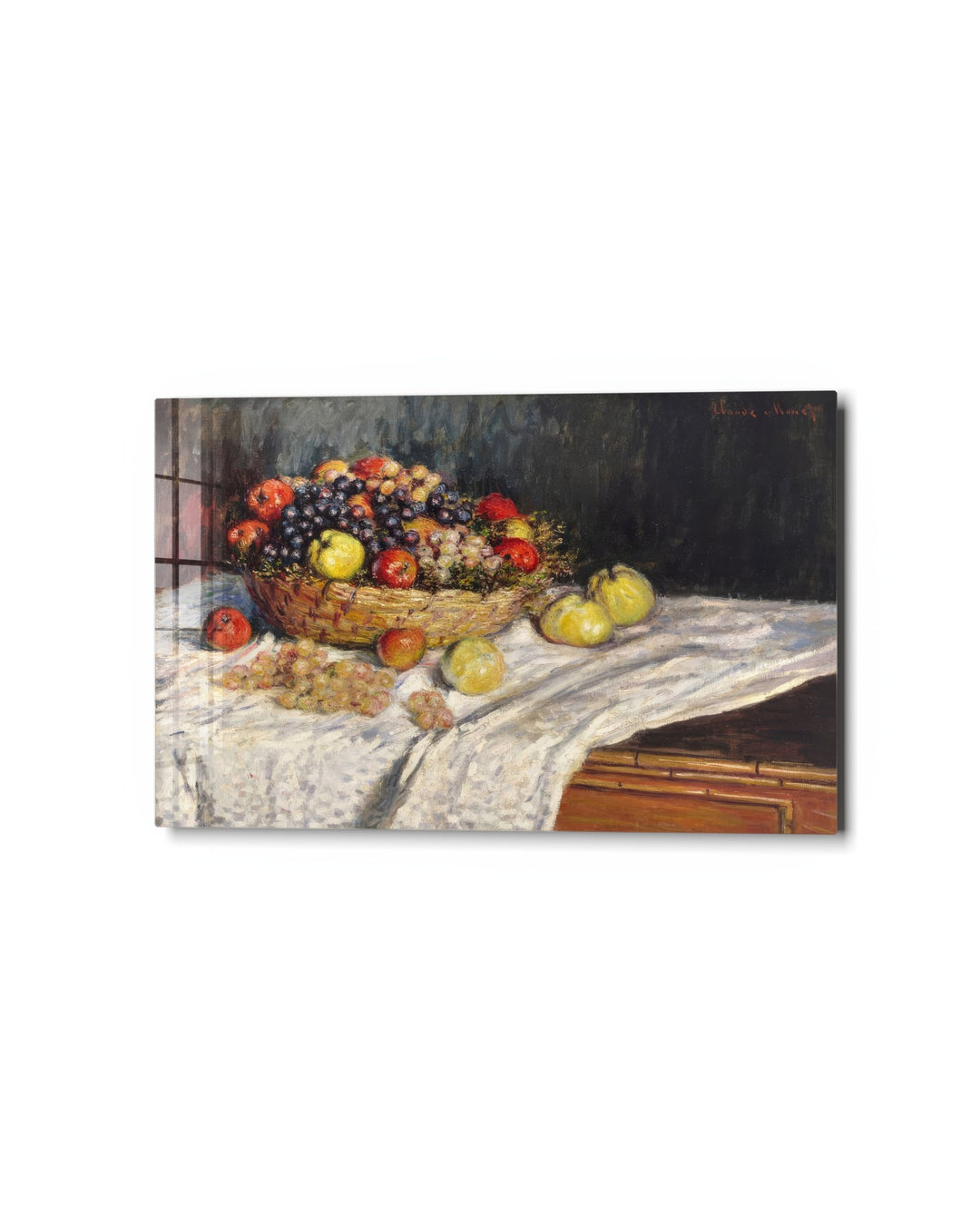 Apples and Grapes on Linen glass wall art, studio view